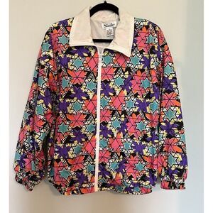 Vintage Windbreaker Jacket Womens Medium Neon Multi Color Pink Nylon 80s 90s